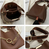 Daiiibabyyy Hifashion Wide Strap Bucket Small Crossbody Bags For Women Trend Vintage Designer Shoulder Bags PU Leather Ladies Handbags