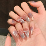 Daiiibabyyy  10pcs Purple Cat's Eye Handmade Fake Nails Tips Glitter Mid-length Oval Press on Nails Art Bow Rhinestone Design False Nail Sets