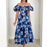 Daiiibabyyy  Casual Women Sweet Spring Puff Short Sleeve Party Dress 2025 Female Big Hem Dress Elegant One Shoulder Floral Print Long Dress