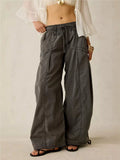 Daiiibabyyy  Women Vintage Loose Wide Leg Cargo Pants Elastic Waist Drawstring Big Pocket Long Trousers Spring Autumn Street Casual Pants