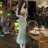 Daiiibabyyy  Butterfly Vintage Print Sling Dress Elegant Spice Girls Bodycon Slim Vestidos Luxury Pure Desire Temperament Long Dresses