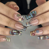 Daiiibabyyy  24pcs Vintage French Style Stripes Press On Nails Cartoon Ladybug Button Designs Coffin False Nails Blue Brown Plaid Fake Nail