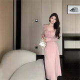 Daiiibabyyy  Autumn Winter New Style Long Knitted Wrap Dress with Belt and Pleated Hemline Elegant Pink Evening Gown Full Sleeve V-Neck