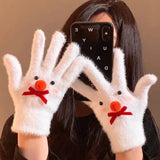 Daiiibabyyy  Winter Warm Sweet Bow Plush Gloves for Women Five-finger Gloves Cartoon Red Nose Snowman Mittens Girls Christmas Friend Gifts