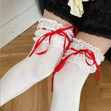 DAIIIBABYYY  -  Sweet Lace Cotton Mid-calf Socks Japanese Lolita Bow Ribbon Lolita Women Short Socks Drawstring JK Cosplay Accessories