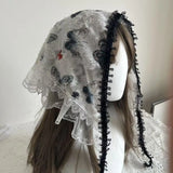 Daiiibabyyy  French Retro Lace Butterfly Triangle Scarf Tie Hair Bands Summer Female Thin Hair Band Travel Photo Seaside Sweet Cute Hair Band