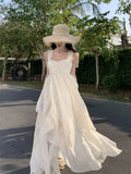 DAIIIBABYYY  -  French First Love Strap Heavy Duty Lotus Leaf Edge Dress Summer Vacation White Embroidered Super Fairy Long