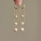 Daiiibabyyy  Exaggerated Pearl Chain Tassel Earrings Niche Temperament Earring Jewelry Women Daily Fashion Accessories