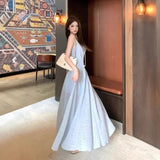 Daiiibabyyy  French Style Blue Lace Vest Dress Women Summer Tea Break Slimming Long Skirt Breathable Comfortable Casual Holiday Wear
