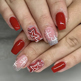 DAIIIBABYYY  -  24pcs Short Red Fake Nails Christmas Snowflake Shiny Sliver Powder False Nail Tips Short Ballet French Press on Nails for Girls