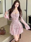DAIIIBABYYY  -  Spring Autumn Pink Lace Chic Bow Square Collar Sexy Mini Dress Women Long Sleeve Bodycon Ruffled Dress 2025 Korean Fashion Dress