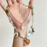 Daiiibabyyy  Korean Exquisite Retro Flower Love Heart Beaded Necklace For Women Personality Simple Cool Clavicle Chain Fashion Y2K Jewelry