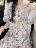 DAIIIBABYYY  -  2025 Sweet Super Fairy Temperament Bubble Sleeve Floral Dress Female Students Summer Covering Flesh Showing Thinness