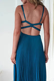 Daiiibabyyy  Summer Woman Dress Spaghetti Strap V Neck Maxi Dress Pleated A Line Silhouette Elegant Party Evening Dress Yellow Teal Emerald