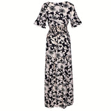 DAIIIBABYYY  -  Summer Pattern Printed High Waist Long Dress Female Elegant Square Neck Short Sleeved Pleated Dress Casual Commuting Loose Dress