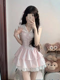 DAIIIBABYYY  -  French Sweet Girl Pink Lace Splicing Navy Collar Puff Dress Female Students New Waist Concealing Princess Short Dresses