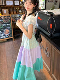 Daiiibabyyy Y2K Plaid Patchwork Midi Dresses for Women Puff Sleeves Square Collar New Summer Boho Holiday Dress Korean Fashion Vestido Mujer