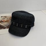 Daiiibabyyy  Fashion Cloth Rivet Denim Beret Y2k Korean Style Rivet Flat Top Washed Denim Fashion Retro Painter Hat Outdoor