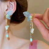 Daiiibabyyy  Fairy Imitation Pearl Rhinestone Hollow Metal Star Butterfly Tassel Dangle Earrings for Women Real Gold Copper Jewelry