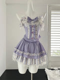 DAIIIBABYYY  -  Summer Women Sweet Gyaru Ballet Core Rave Birthday 2000s Aesthetic Outfits 2 Piece Set Lace Crop Top + Mini Elastic Waist Skirt
