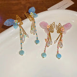 Daiiibabyyy  Fairy Imitation Pearl Rhinestone Hollow Metal Star Butterfly Tassel Dangle Earrings for Women Real Gold Copper Jewelry