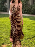 Daiiibabyyy  New Leopard Print Halter Maxi Dress Women 2026 Vestidos De Mujer Temperament Backless Sexy Robe Sleeveless Bodycon Party Dresses