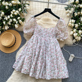DAIIIBABYYY  -  French Style Super Fairy Fluffy Dress 2025 Summer Gentle Square Neck Bubble Sleeves Slimming Floral Mesh Vestidos