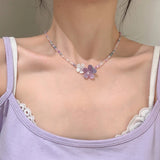 Daiiibabyyy  Purple Flower Crystal Bead Necklace Colorful Mixed Glass Beads Gentle Exquisite High-End Sweet Necklace Women's Jewelry Gifts