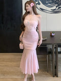 DAIIIBABYYY  -  Pink Mesh Embroidery Chic Diamon Luxury Dress Women Elegant Neck-mounted Long Dress Summer Korean Bodycon One Piece Dresses