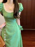 DAIIIBABYYY  -  French Bubble Sleeve Wave Point Green Dress For Women Summer New Seaside Vacation High Waist Temperament Long Style Dresses