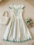 Daiiibabyyy  New French Vintage Fashion Green Sweet Dresses Women Chic Elegant Slim Summer Dress Harajuku Fashion Print Retro Lovely Outfits