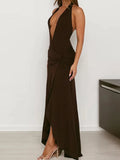 Daiiibabyyy  Sexy V-neck Sleeveless Long Dress Women Elegant Halter Lace-Up Solid Evening Dress Fashion Hight Waist Slim Gowns Party Dresses