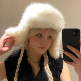 Daiiibabyyy  Faux fur Bomber Hats Outdoor Ski Winter Hat with ear flaps Women Trendy Thick Earmuffs  Ear Protection Warm Hat Pilot Cap