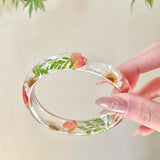Daiiibabyyy  Bohemian Acrylic Bangle Resin Dried Daisy Natural Dried Flower Bracelet Wide Europe American Style Big Cuff Bangle Women