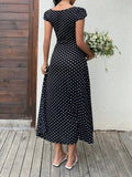 Daiiibabyyy  Black White Polka Dot Lace Trim Heart Neck Puff Sleeve Ruched Waist A-Line Midi Dress