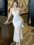DAIIIBABYYY  -  Summer White Mesh Patchwork Ruffled Mermaid Dress Women Elegant Diamonds Neck-mounted Sexy Dress 2025 Korean Luxury Party Dress