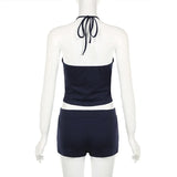 Daiiibabyyy  Women's Letter Print Neck Hanging Vest Shorts Two-piece Set Summer Fashion Slim Fit Dark Blue Comfortable Outdoor Sports Outfit