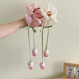 Daiiibabyyy New Tulip Floral Hair Rope for Women Elegant Hairband Bowknot Tassels Elastic Hair Ring Girls Sweet Headwear Hair Accessories