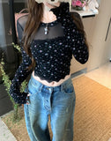 DAIIIBABYYY  -  Pure Sexy Floral Long-sleeved T-shirt Women's Spring Summer Gauze Patchwork Slim Fit Crop Top Fashion Female Clothes