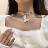 Daiiibabyyy Vintage Necklace Classic Short Exaggerated Leather Rope Silver Color Flowers and Butterfly Pendant Choker Goth Jewelry for Women