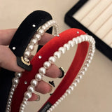 DAIIIBABYYY  -  High-Grade Satin Pearl Headband Korean Retro Double Layer Hair Band Women's Net Red High Skull Top Headband Head Accessories