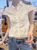 Daiiibabyyy Women White Lace Slim Blouse T Shirt 2024 Summer Cotton Turn-down Collar Short Sleeve Tees Solid Simple Sweet Tops Y2K Clothes