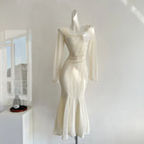 DAIIIBABYYY  -  Spring and Autumn Thickened Stretch Square Neck Long-sleeved Lace Long Dresses Women's Solid Color 3D Flower Slim Fishtail Dress