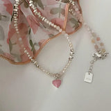 Daiiibabyyy  Korea Silver Color Acrylic Beads Pearl Strand Choker Necklaces for Women Pink Color Enamel Love Heart Pendant Necklace