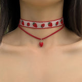DAIIIBABYYY  -  Gothic Cute Strawberry Korean Velvet Choker Exquisite Small Strawberry Pendant Lock Bone Necklace Trend Y2K Jewelry