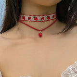 DAIIIBABYYY  -  Gothic Cute Strawberry Korean Velvet Choker Exquisite Small Strawberry Pendant Lock Bone Necklace Trend Y2K Jewelry