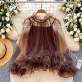 Daiiibabyyy  New Korean 2 Piece Sets See Through Ruffled Cropped Blouse + Sexy Solid Vest Suit Roupas Femme Fashion Solid Color Y2k Outfits