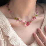 Daiiibabyyy  Bohemian Pink Waterdrop Handmade Beaded Flower Pendant Necklace Sweet Summer Girl y2k Jewelry