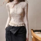 Daiiibabyyy  New French Style Double Layered Lace Hem Round Neck Slim Fit Design Printed Top Women Base Outer T-shirt