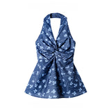 DAIIIBABYYY  -  Hot Girl Pure Desire Style Fresh Floral Pleated Halter V-neck Sleeveless Camisole Women's Summer Off-shoulder Slim Sling Tops